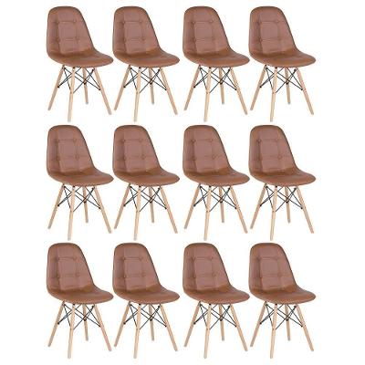 Kit - 12 X Cadeiras Estofadas Eames Eiffel Botonê - Base De Madeira Clara - Marrom