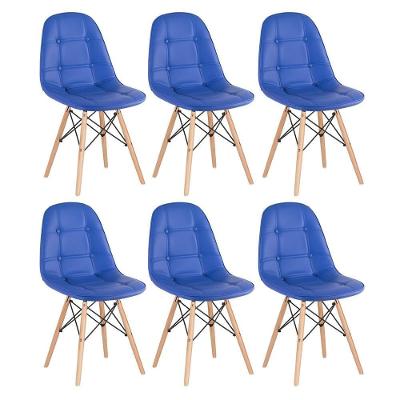 Kit - 6 X Cadeiras Estofadas Eames Eiffel Botonê - Base De Madeira Clara - Azul