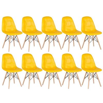 Kit - 10 X Cadeiras Estofadas Eames Eiffel Botonê - Base De Madeira Clara - Amarelo