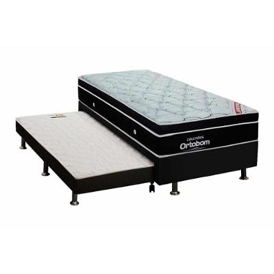 Cama Box c/Auxiliar Solteiro: Colchão Ortobom SuperPocket Elegant + Base CRC Courano Black(88x188)