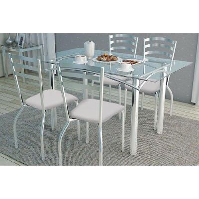Conjunto: Mesa Sala Jantar Elba c/ Tampo Vidro 120cm + 4 Cadeiras Portugal Cromado/Courano Branco - Kappesberg