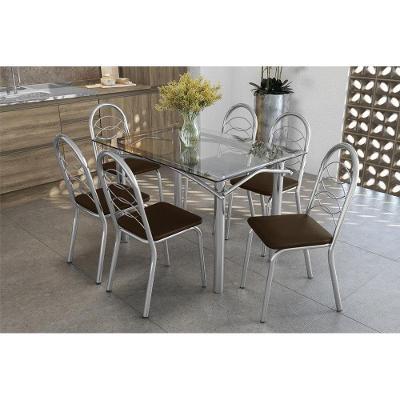 Sala de Jantar Completa Elba c/ Tampo Vidro 120cm + 6 Cadeiras Holanda Cromado/Courano Marrom - Kappesberg