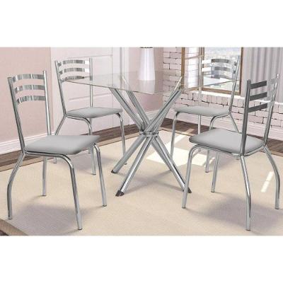 Conjunto: Mesa Sala Jantar Volga c/ Tampo Vidro 90cm + 4 Cadeiras Portugal Cromado/Courano Branco - Kappesberg