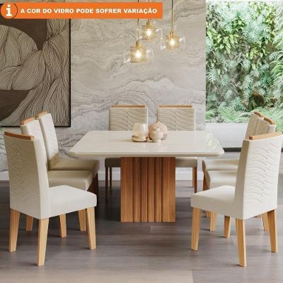 Conjunto Sala De Jantar130x130 Tampo Mdf/vidro 8 Cadeiras Clarice Cimol Nature Off White Nude