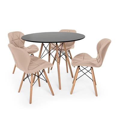 Kit Mesa Jantar Eiffel 90cm Preta com 04 Cadeiras Slim Nude