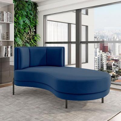 Sofá Chaise Lado Direito Downey Sala De Estar Veludo Azul G15 - Gran Belo