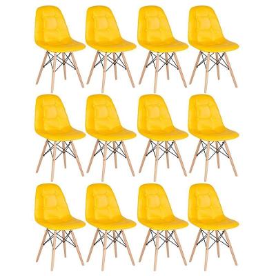 Kit - 12 X Cadeiras Estofadas Eames Eiffel Botonê - Base De Madeira Clara - Amarelo