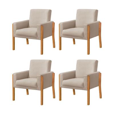 Kit 4 Poltronas Sala De Espera Pés Em Madeira Santorini Veludo Bege - Bege