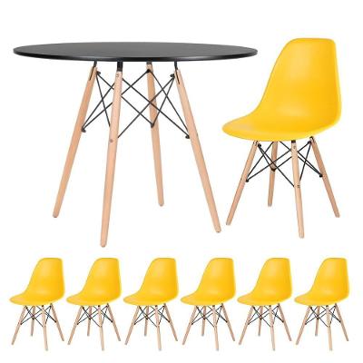 Mesa Redonda 100Cm Preto + 6 Cadeiras Amarelo