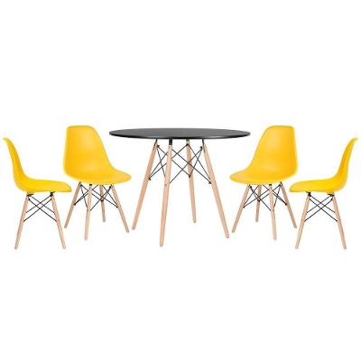 Mesa Redonda 100 Cm Preto + 4 Cadeiras Amarelo