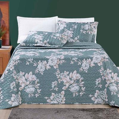 Kit Cobre Leito Colcha Celi Queen Dupla Face Micropercal 200 Fios 3 Peças - Verde Floral