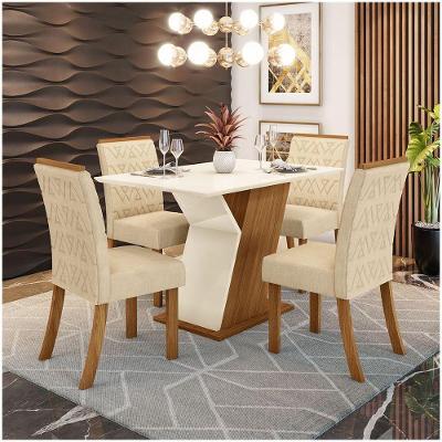 Conjunto Sala De Jantar Mesa 120cm 4 Cadeiras Zuri Casa 812 Nature Off White E Linho
