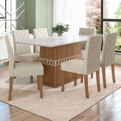 Conjunto Sala De Jantar Mesa Agata 6 Cadeiras Jade Poliman Carvalho Com Off White