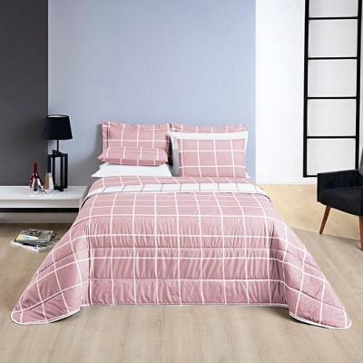 Kit Cobre Leito Colcha Brooklyn Casal Quadriculado Micropercal 200 Fios 3 Peças - Rosa