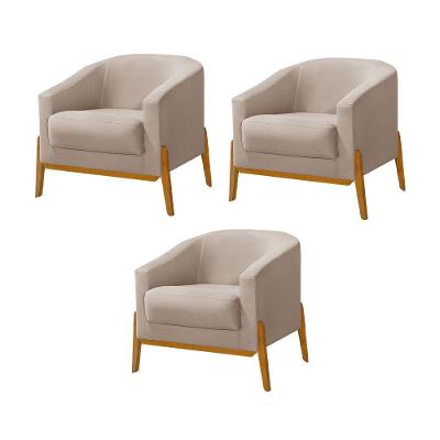 Kit 3 Poltronas Living Base Em Madeira Maciça Flórida Veludo Bege - Bege