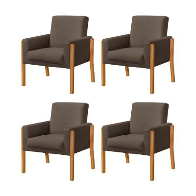 Kit 4 Poltronas Sala De Espera Pés Em Madeira Santorini Veludo Marrom - Marrom