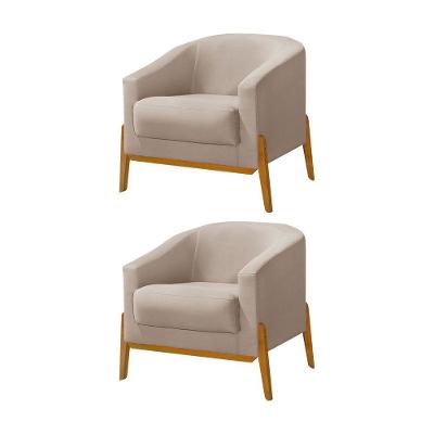 Kit 2 Poltronas Living Base Em Madeira Maciça Flórida Veludo Bege - Bege