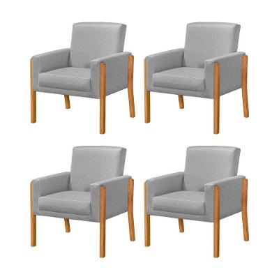 Kit 4 Poltronas Sala De Espera Pés Em Madeira Santorini Linho Cinza - Cinza