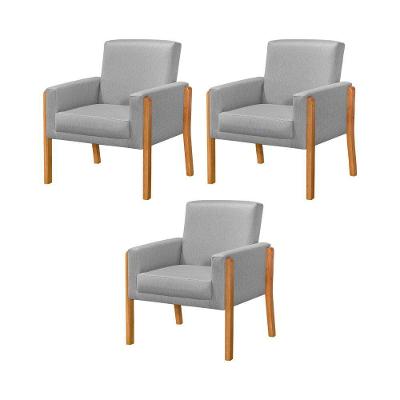 Kit 3 Poltronas Sala De Espera Pés Em Madeira Santorini Linho Cinza - Cinza