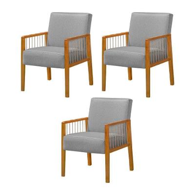 Kit 3 Poltronas Decorativa Base Em Madeira Maciça E Corda Náutica Copacabana Linho Cinza - Cinza