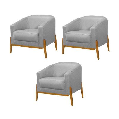 Kit 3 Poltronas Living Base Em Madeira Maciça Flórida Linho Cinza - Cinza