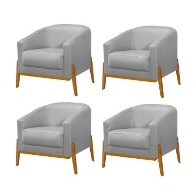 Kit 4 Poltronas Living Base Em Madeira Maciça Flórida Linho Cinza - Cinza