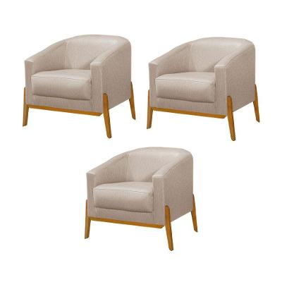 Kit 3 Poltronas Living Base Em Madeira Maciça Flórida Linho Bege - Bege