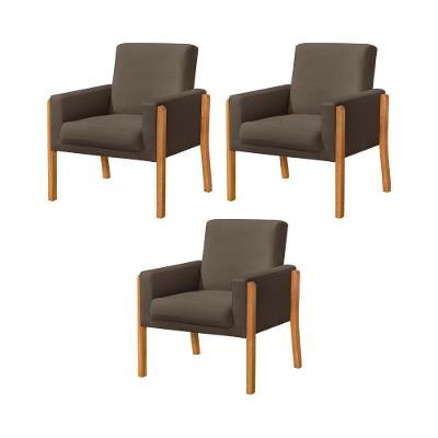 Kit 3 Poltronas Sala De Espera Pés Em Madeira Santorini Veludo Marrom - Marrom