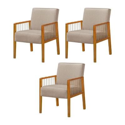 Kit 3 Poltronas Decorativa Base Em Madeira Maciça E Corda Náutica Copacabana Linho Bege - Bege