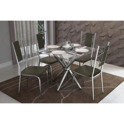 Kit Mesa Volga C- Tampo de Vidro 90cm + 4 Cadeiras Lisboa Cromado Marrom