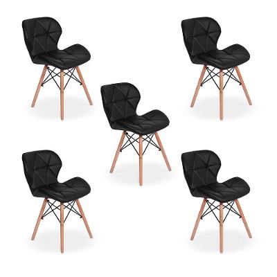 Kit 5 Cadeiras Charles Eames Eiffel Slim Wood Estofada Preta
