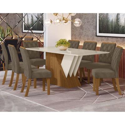 Conjunto Sala De Jantar Tampo Mdf Canto Reto Com Vidro 200 Cm 08 Cadeiras Cecily Henn Nature Com Off White E Bege