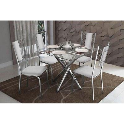 Kit Mesa Volga C- Tampo Vidro 90cm + 4 Cadeiras Lisboa Cromado Courano Branco