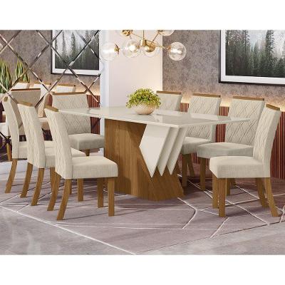 Conjunto Sala De Jantar Tampo Mdf Canto Reto Com Vidro 200 Cm 08 Cadeiras Cecily Henn Nature Com Off White E Linho