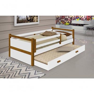Cama Infantil Branco Mel C/ Pés Em Madeira Com Cama Auxiliar