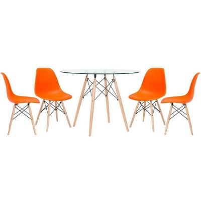 Mesa Redonda Com Tampo De Vidro 100Cm + 4 Cadeiras Laranja