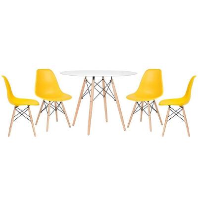 Mesa Redonda 100 Cm Branco + 4 Cadeiras Amarelo