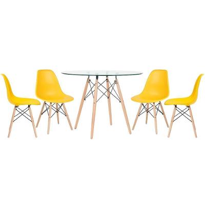 Mesa Redonda Com Tampo De Vidro 100Cm + 4 Cadeiras Amarelo