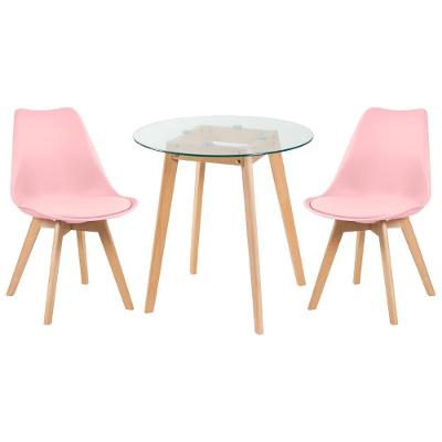 Mesa Redonda Com Tampo De Vidro 70cm + 2 Cadeiras Rosa Claro