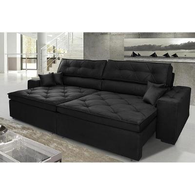 Sofá Austin 2,42m Retrátil, Reclinável Com Molas No Assento E Almofadas, Tecido Suede Preto