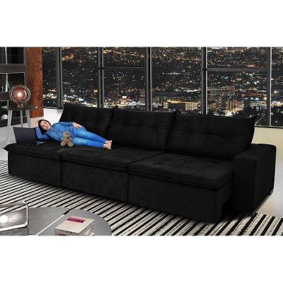 Sofá Austrália 3,82 Mts Retrátil, Reclinável Com Molas E Pillow No Assento Tecido Suede Preto