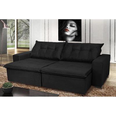 Sofá Montenegro 3,12 Mts Retrátil, Reclinável Com Molas E 2 Almofadas Lombar Tecido Suede Preto