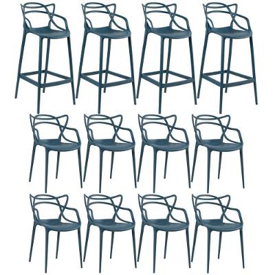 Kit 8 Cadeiras + 4 Banquetas Altas Masters Allegra Azul Petróleo