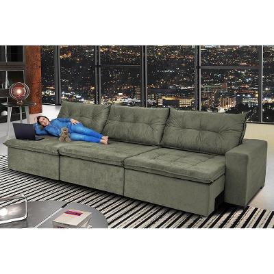 Sofá Austrália 3,52 Mts Retrátil, Reclinável Com Molas E Pillow No Assento Tecido Suede Cinza