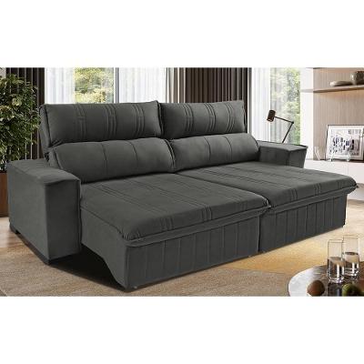 Sofá Retrátil E Reclinável 2,30m Cama Inbox Flórida Com Molas E Bordado 3d Velusoft Cinza