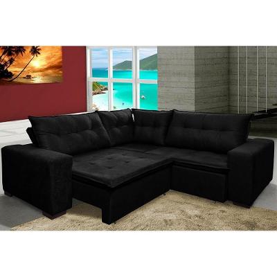 Sofá De Canto Retrátil, Reclinável, Molas Cama Inbox Oklahoma 2,50m X 2,50m Suede Velusoft Preto