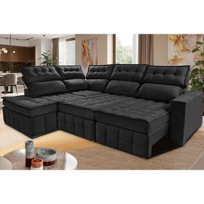Sofá De Canto Esquerdo 2,65x2,30m Retrátil E Reclinável Com Molas Ensacadas Cama Inbox Nobre Preto