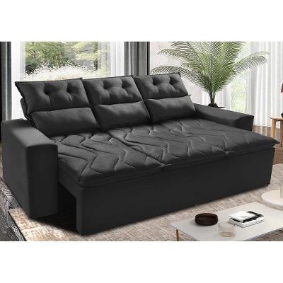Sofá 3 Lugares Retrátil E Reclinável 2,00m Cama Inbox Smal Com Bordado Pantográfico Suede Preto