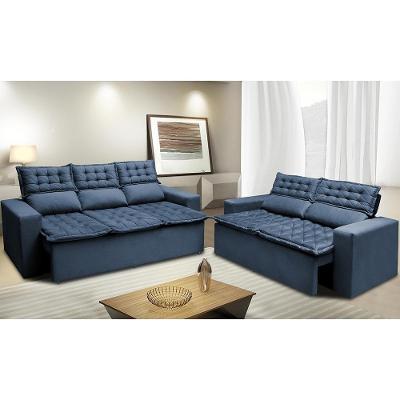 Conjunto De Sofá 3 E 2 Lugares Retrátil E Reclinável Cama Inbox Slim 2,00x1,50m Velusoft Azul
