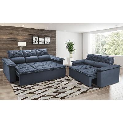 Conjunto De Sofá 3 E 2 Lugares Retrátil E Reclinável Cama Inbox Compact 2,00x1,50m Velusoft Azul